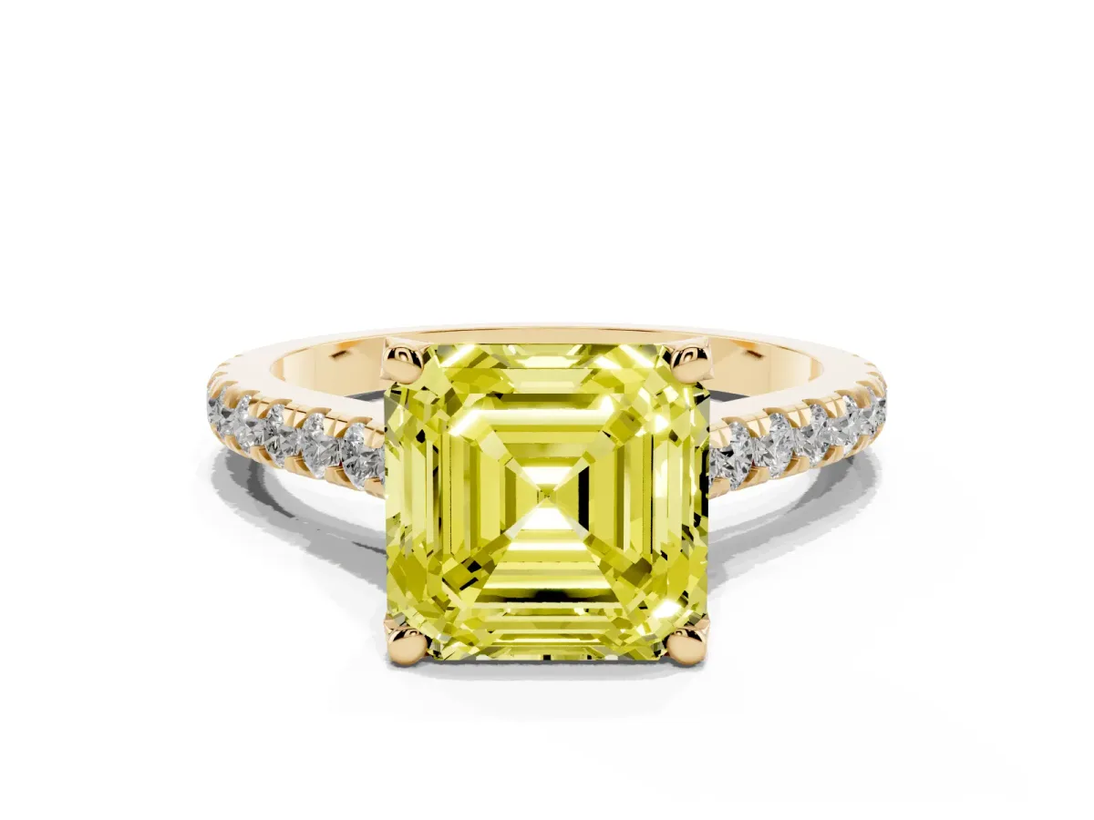 Fancy Yellow Asscher Cut Brilliant Diamond Solitaire with Pavé Band and Four-Prong Setting Yellow gold