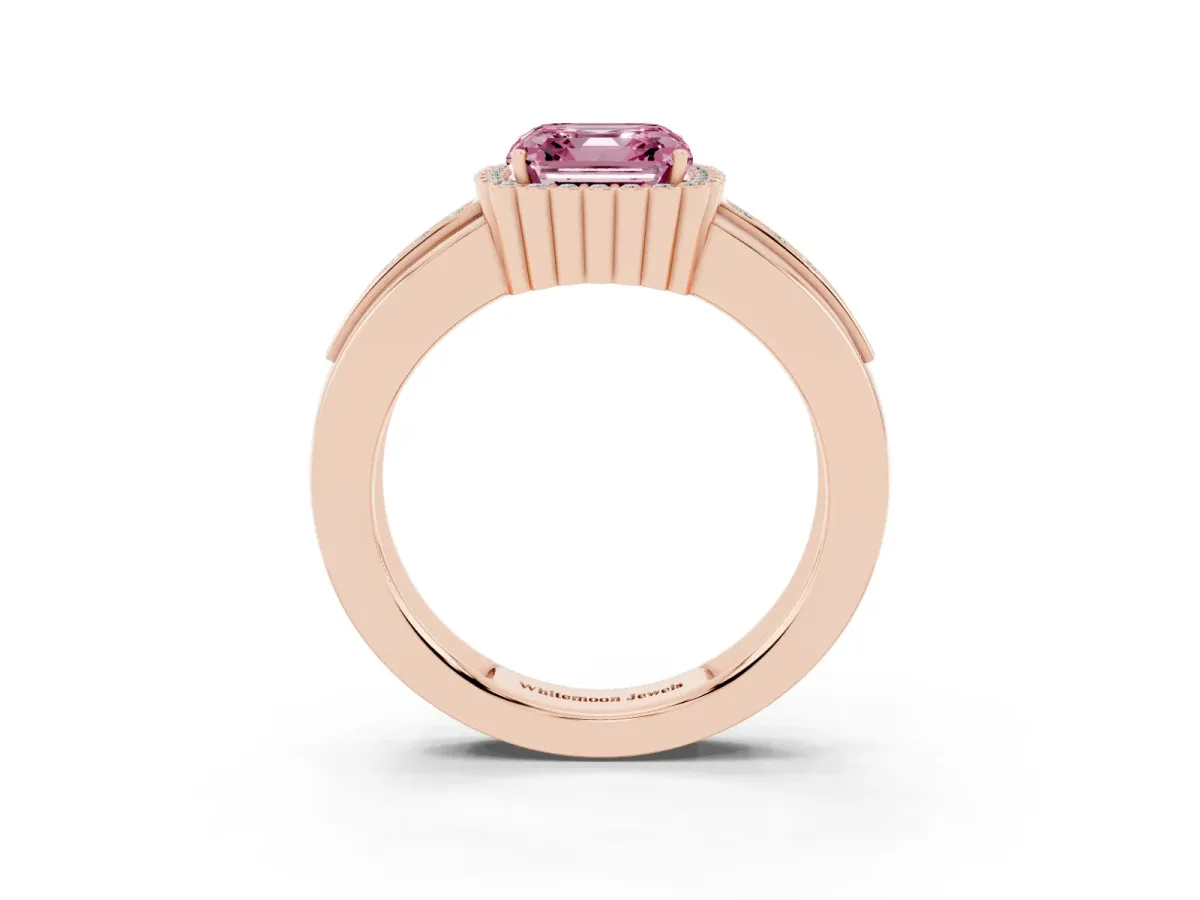 Fancy Pink Asscher Cut Cut Halo Pave Band Four-Prong Ring Rose gold