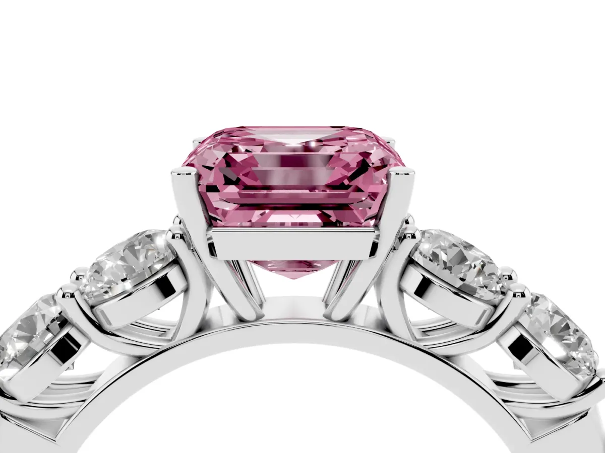 Fancy Pink Asscher Cut Cut Five-Stone Prong Set Diamond Ring with Classic Band White gold