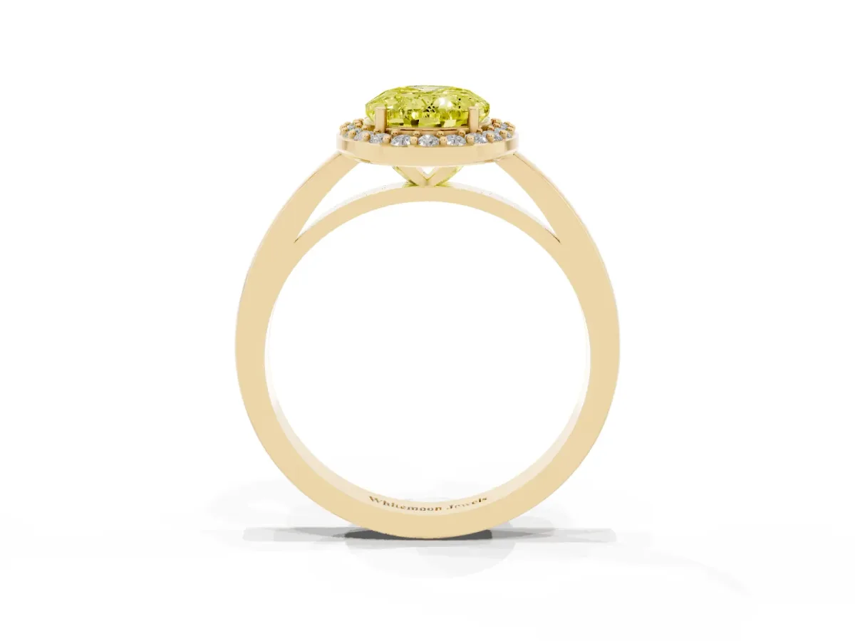 Fancy Yellow Oval Cut Halo Diamond Ring with Solitaire Band and Prong Setting Yellow gold