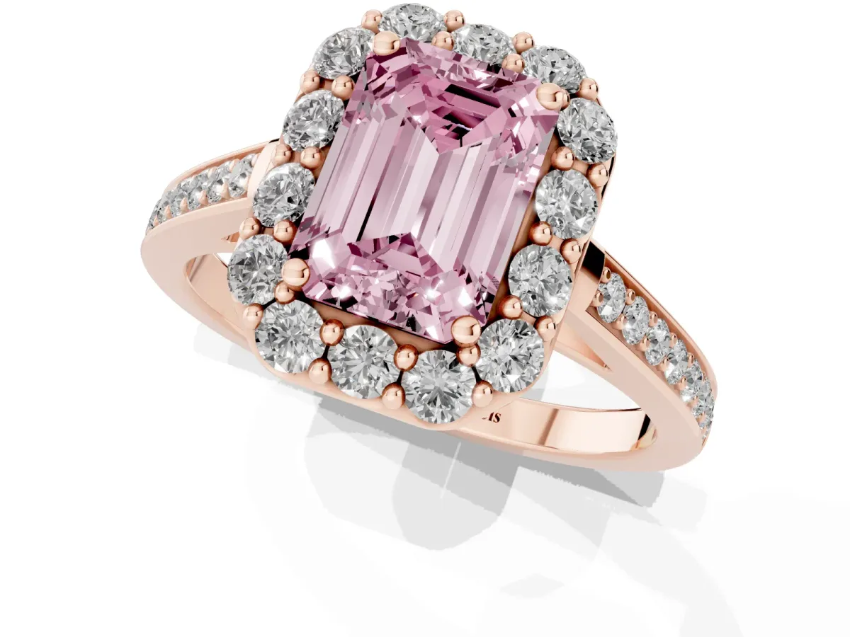 Fancy Pink Emerald Cut Diamond Floral Halo Ring with Pavé Band and Prong Setting Rose gold