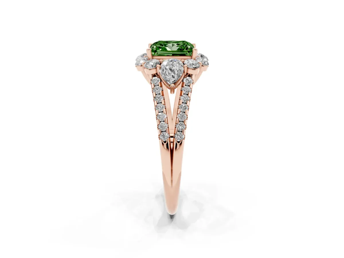 Fancy Green Princess Cut Halo Split Shank Diamond Engagement Ring with Prong Setting Rose gold