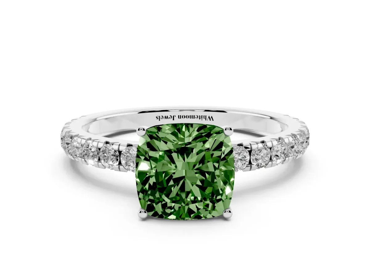 Fancy Green Cushion Cut Diamond Pavé Solitaire Engagement Ring with Four-Prong Setting Silver