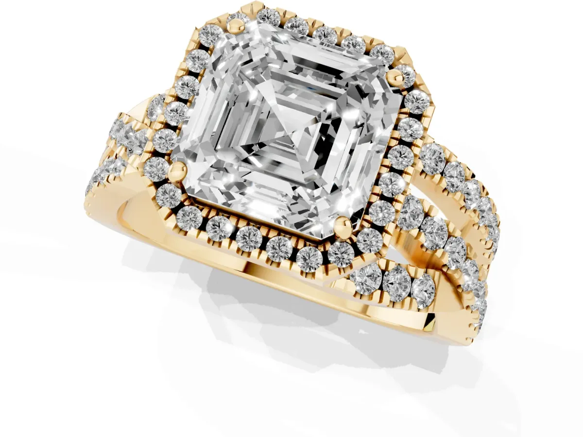 Asscher Cut Diamond Halo Ring with Round Split Shank and Prong Setting Yellow gold
