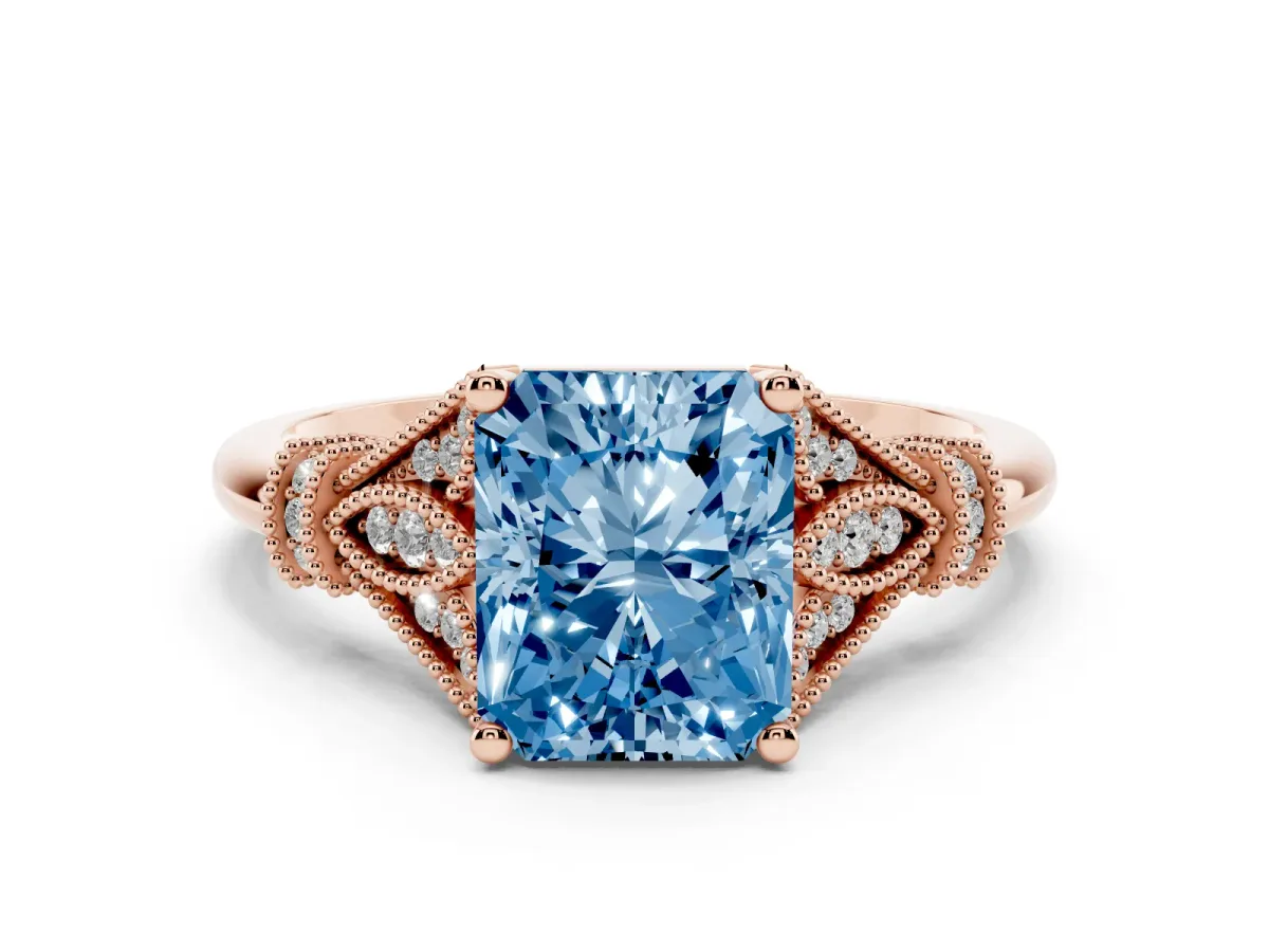 Fancy Blue Radiant Cut Diamond Solitaire Ring with Floral Filigree and Pave Accents Rose gold
