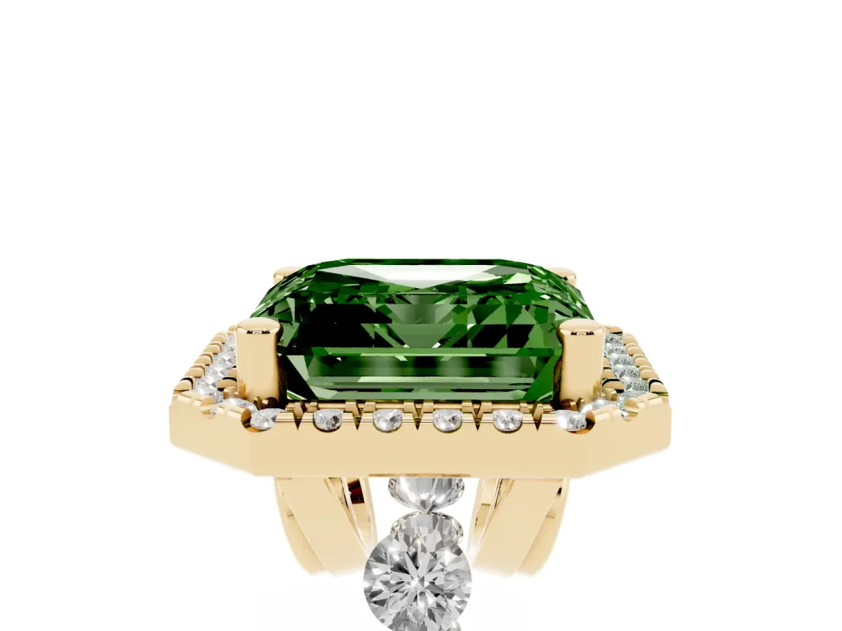 Fancy Green Asscher Cut Halo Pavé Diamond Engagement Ring with Four-Prong Setting Yellow gold