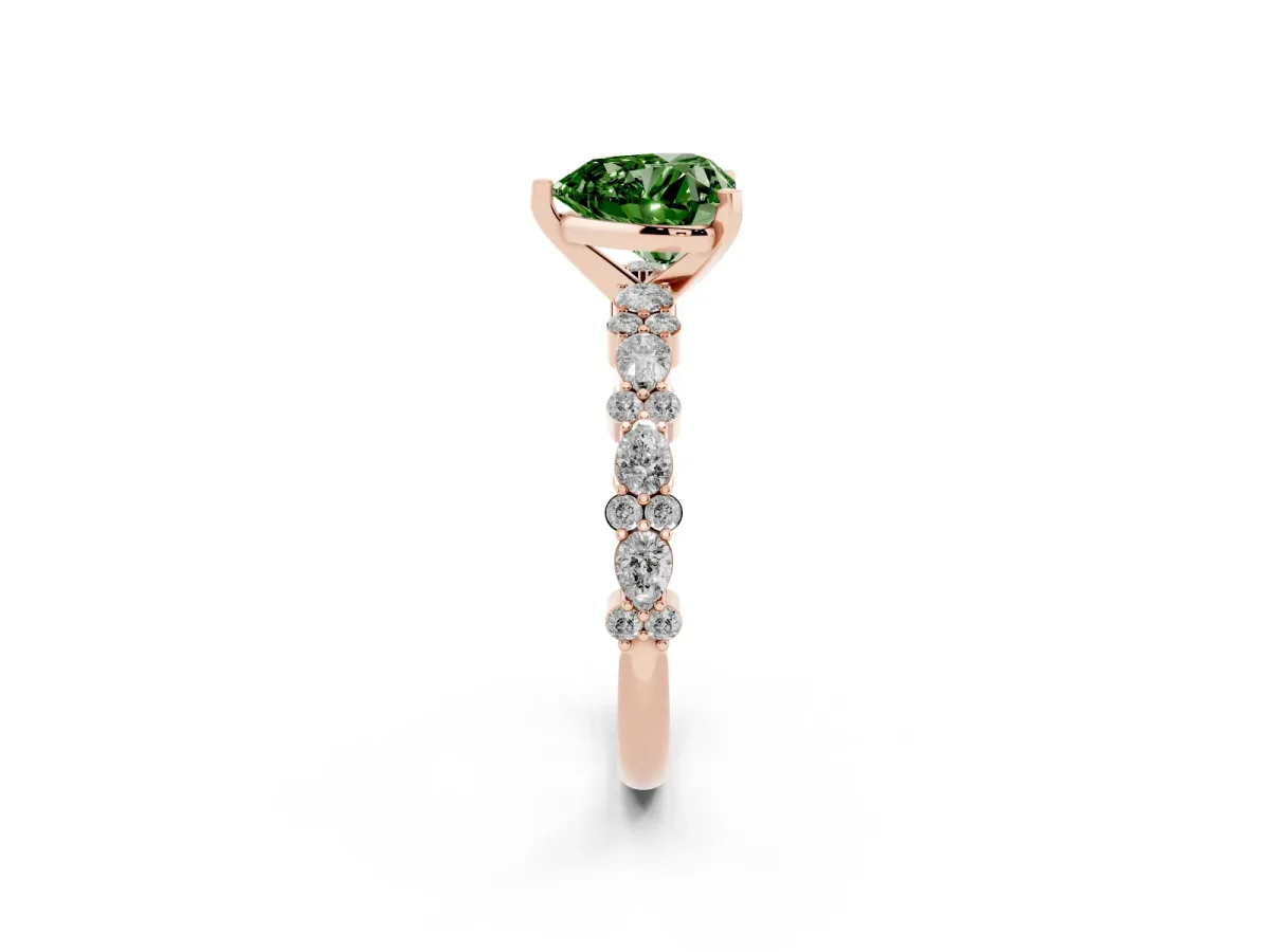 Fancy Green Heart Cut Diamond Side Stone Solitaire Ring with Round and Four-Prong Setting Rose gold