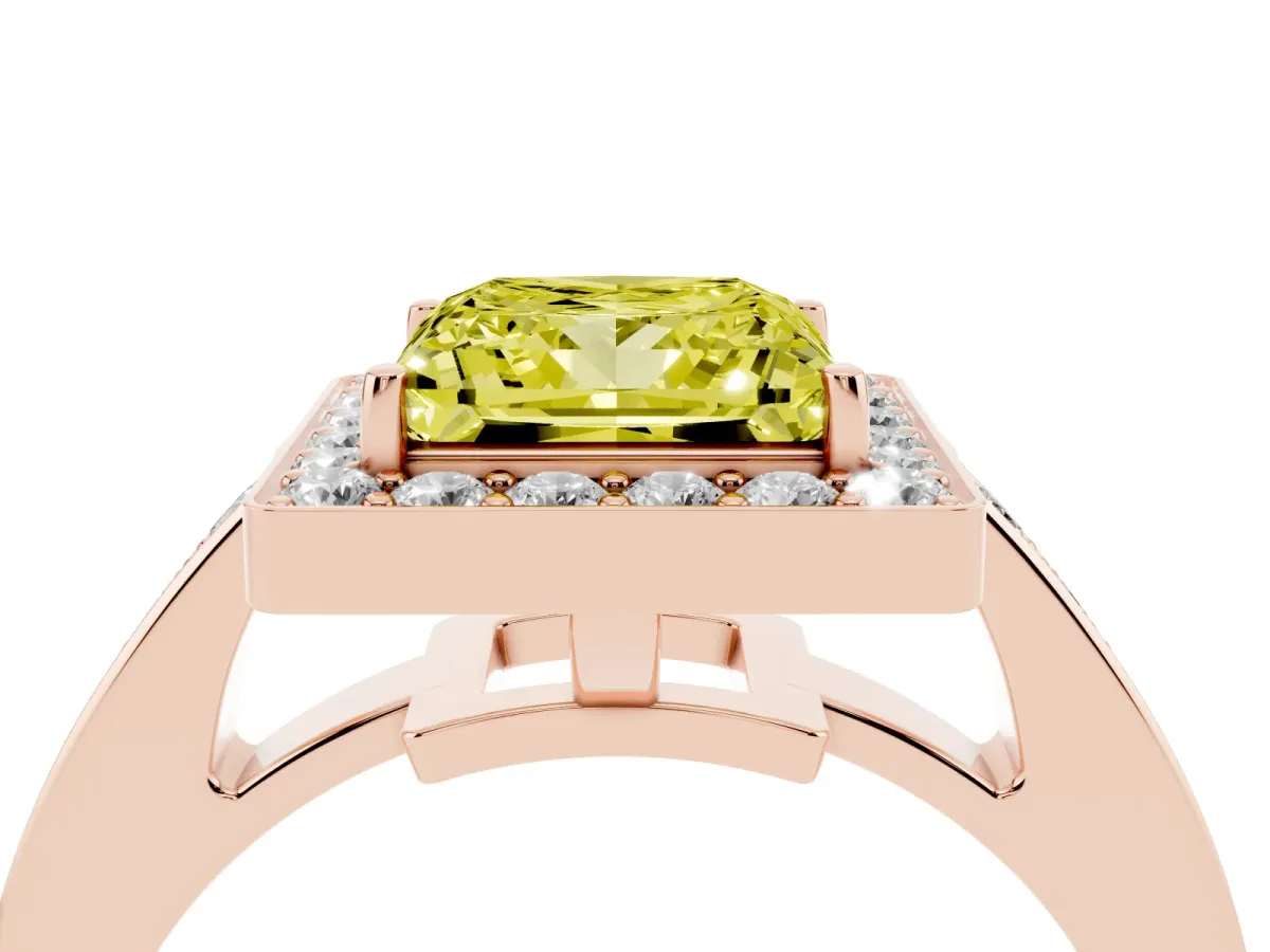 Fancy Yellow Princess Cut Halo Pavé Diamond Engagement Ring with Bezel Setting Rose gold