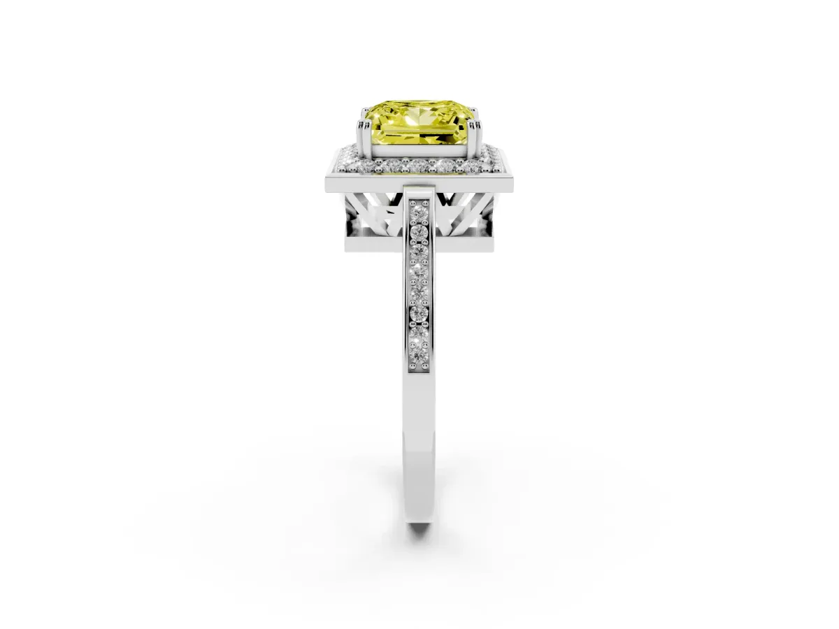 Fancy Yellow Princess Cut Diamond Halo Ring with Split Shank and Four-Prong Setting Silver