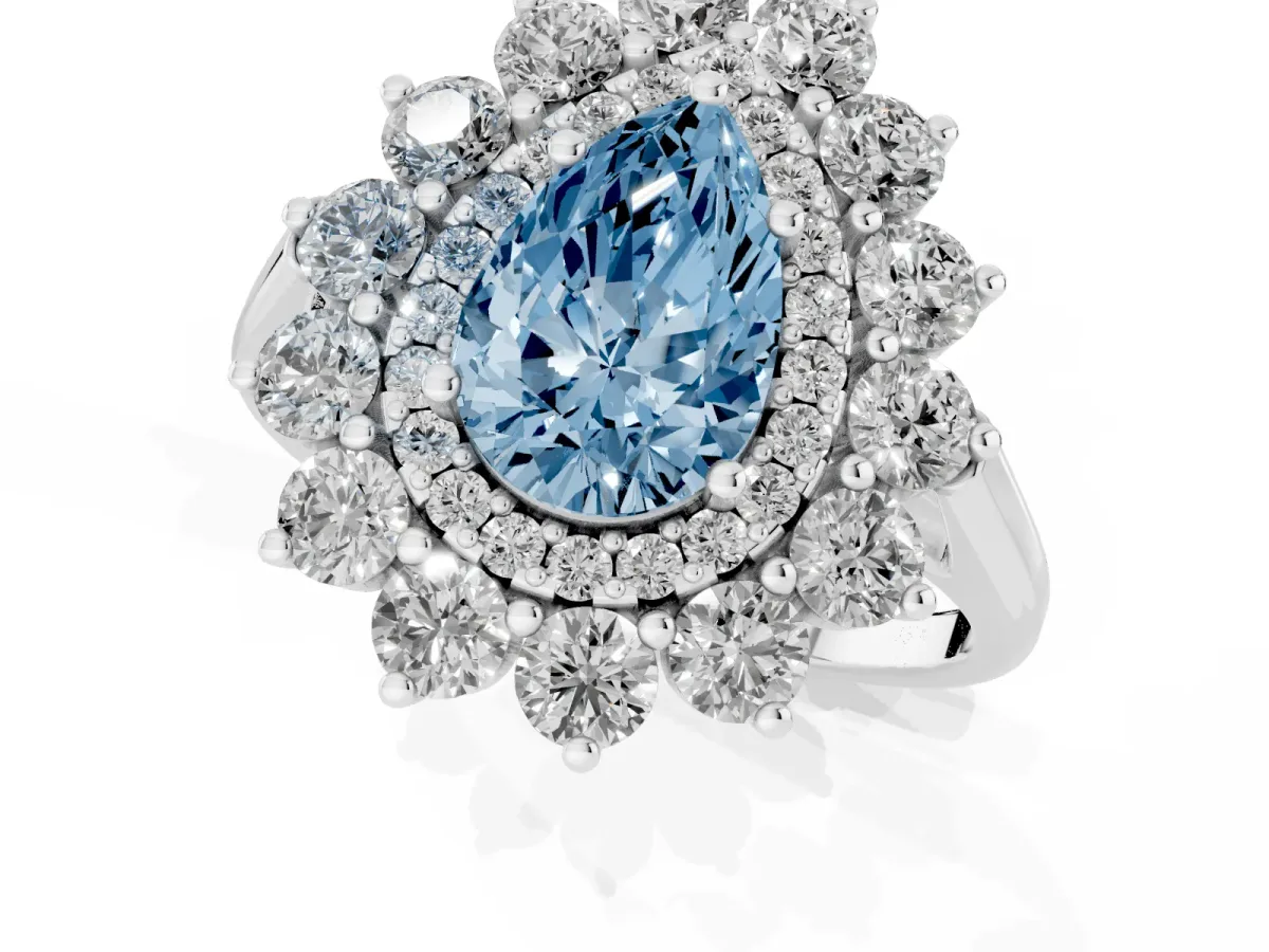 Fancy Blue Pear Cut Diamond Floral Double Halo Engagement Ring with Prong Setting Silver
