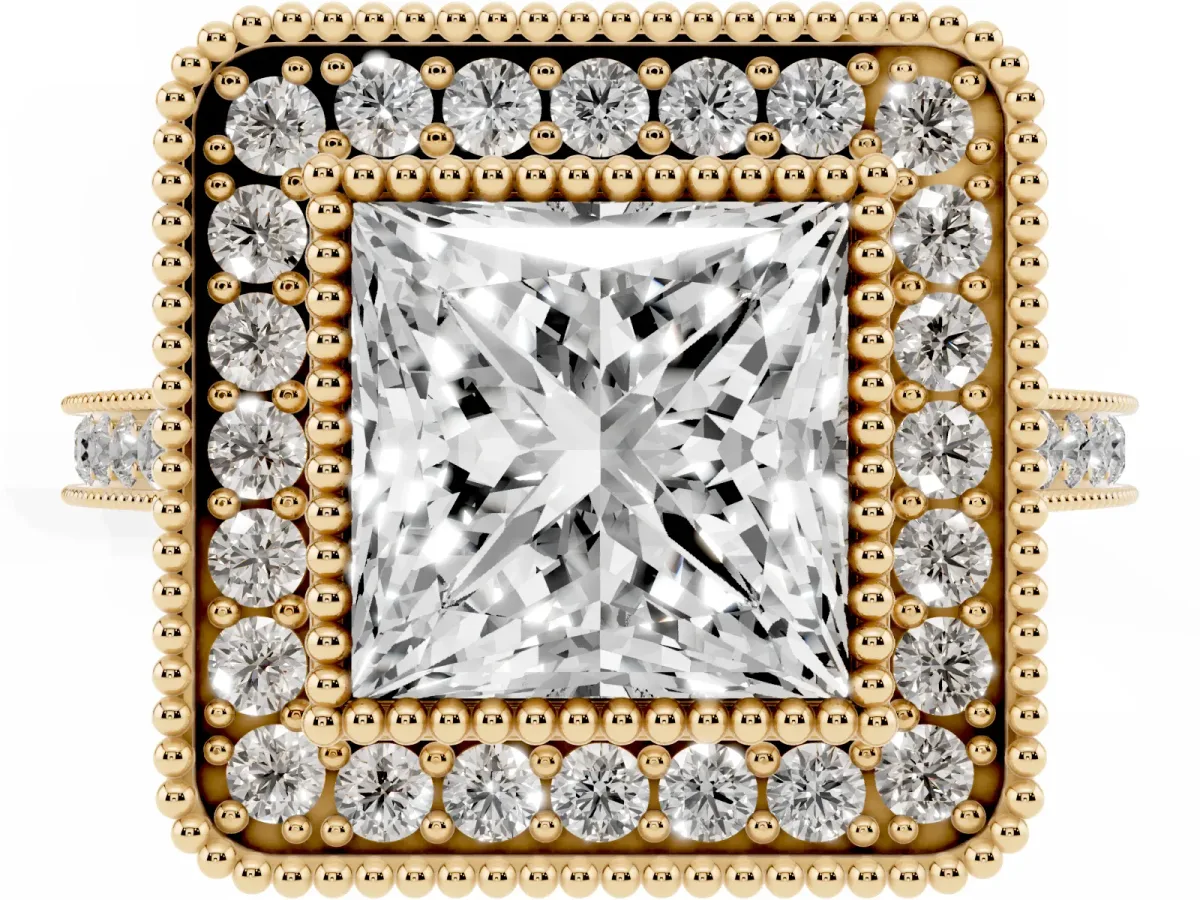 Princess Cut Diamond Halo Ring with Milgrain Frame and Pavé Band Yellow gold