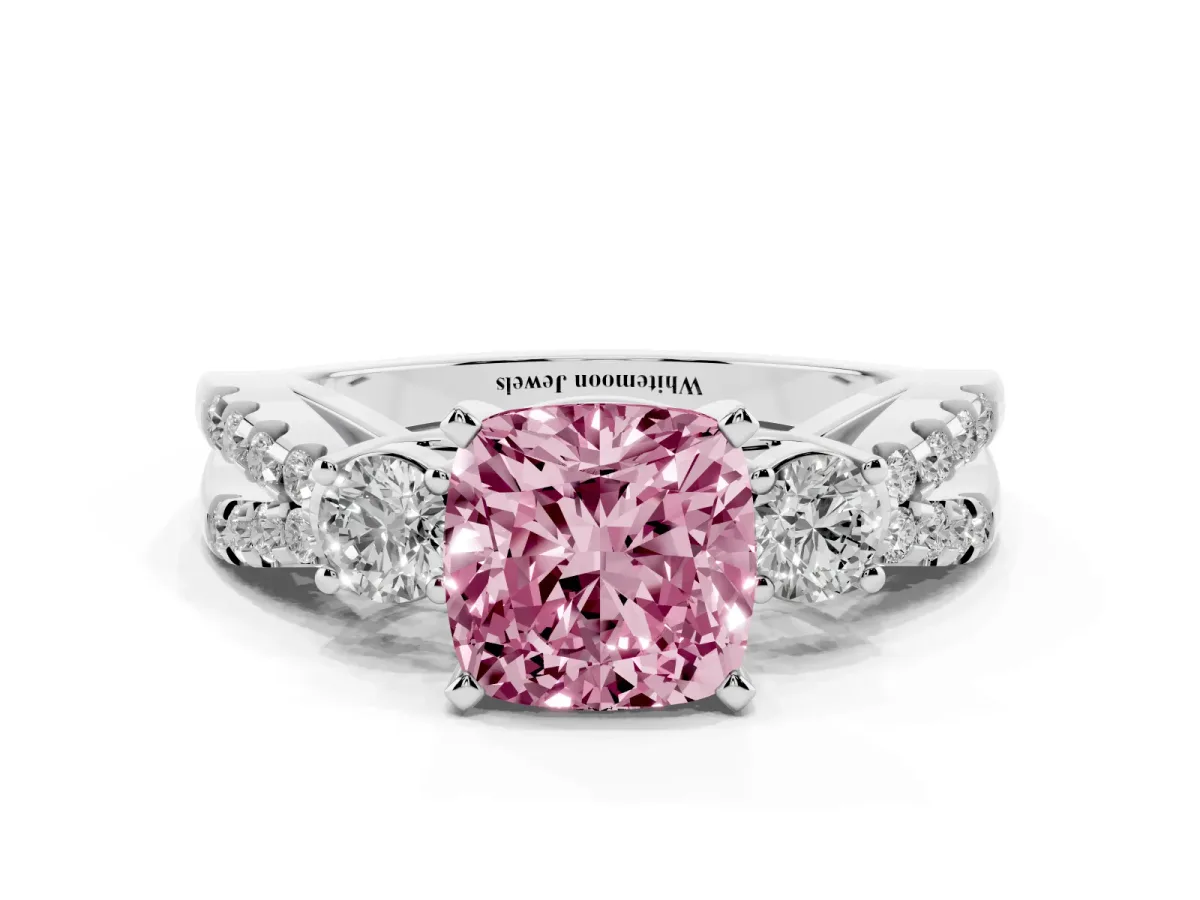 Fancy Pink Cushion Cut Diamond Three-Stone Ring with Pavé Split Shank and Four-Prong Setting Silver