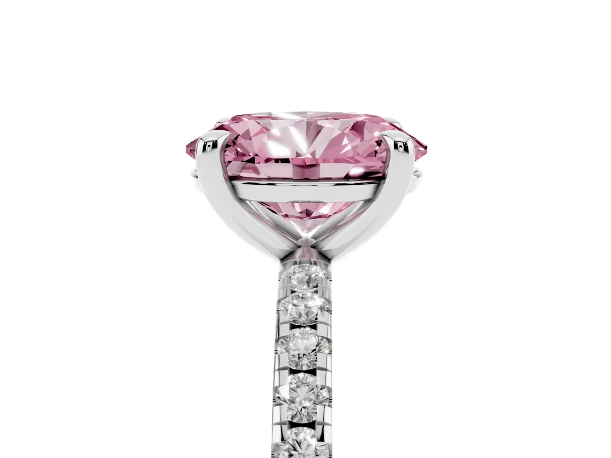 Fancy Pink Oval Cut Diamond Brilliant Solitaire Ring with Pavé Band and Four-Prong Setting Silver