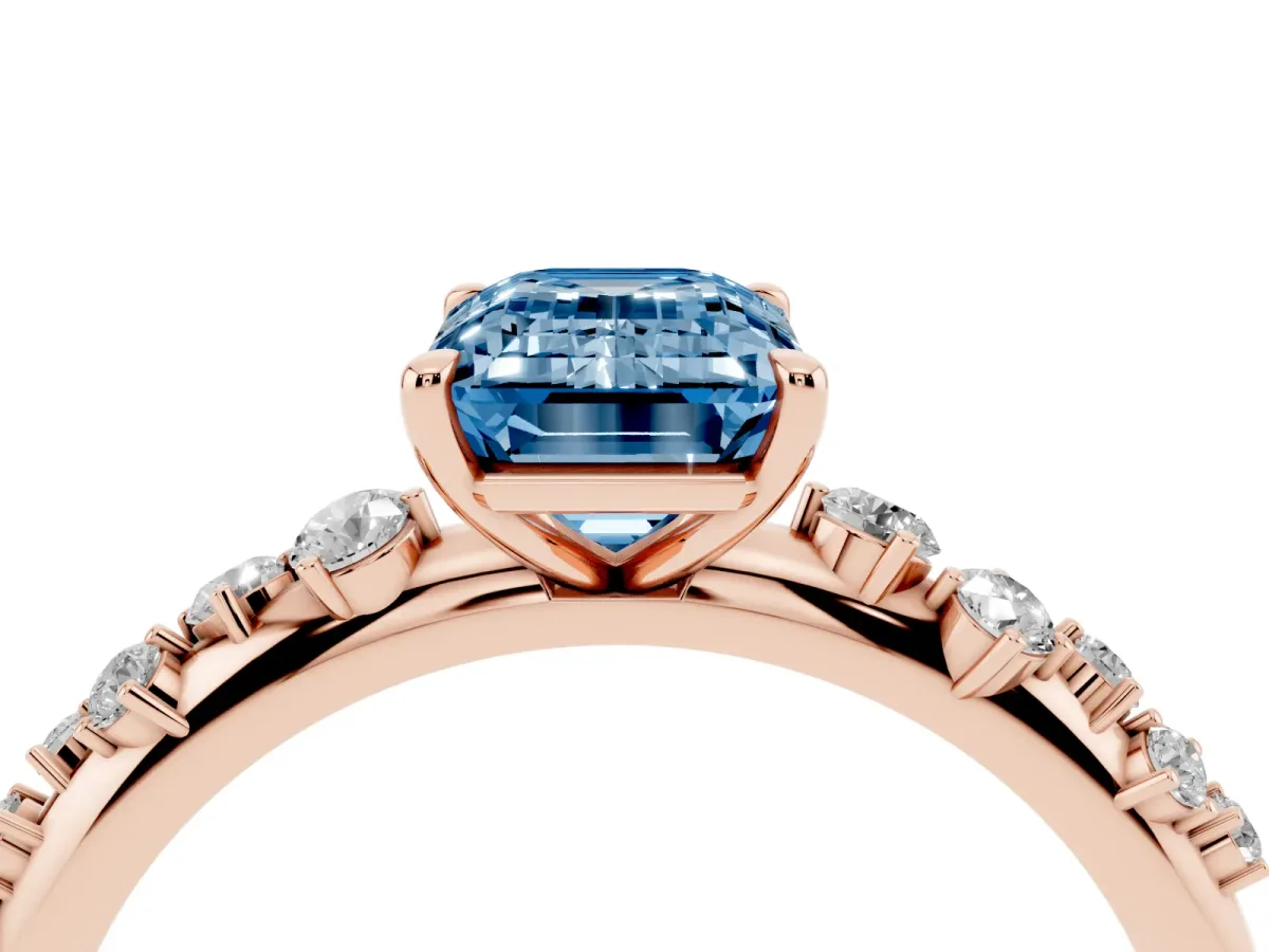 Fancy Blue Emerald Cut Diamond Cluster Prong-Set Solitaire Ring Rose gold