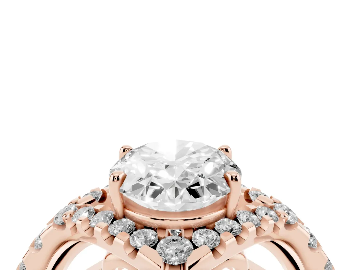 Oval Cut Diamond Solitaire Ring with Hidden Halo and Pavé Band Rose gold
