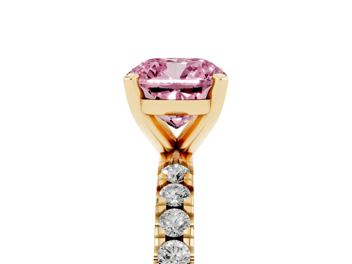 Fancy Pink Cushion Cut Diamond Pavé Band Solitaire with Four-Prong Setting Yellow gold