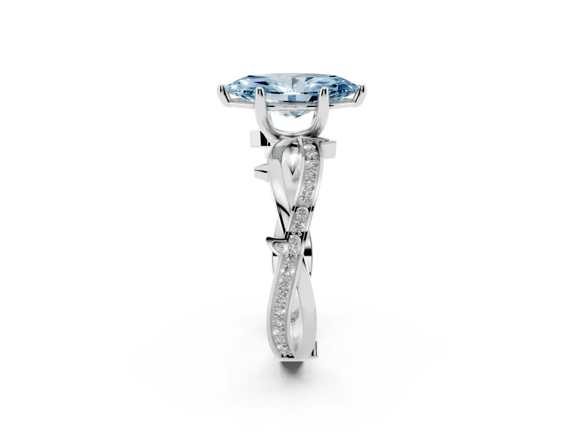 Fancy Blue Marquise Cut Solitaire Twist Band with Pavé Accents and Four-Prong Setting Silver