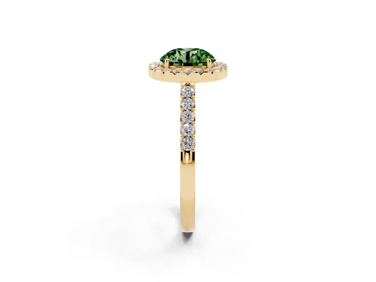 Fancy Green Round Cut Halo Diamond Pavé Solitaire Ring Yellow gold