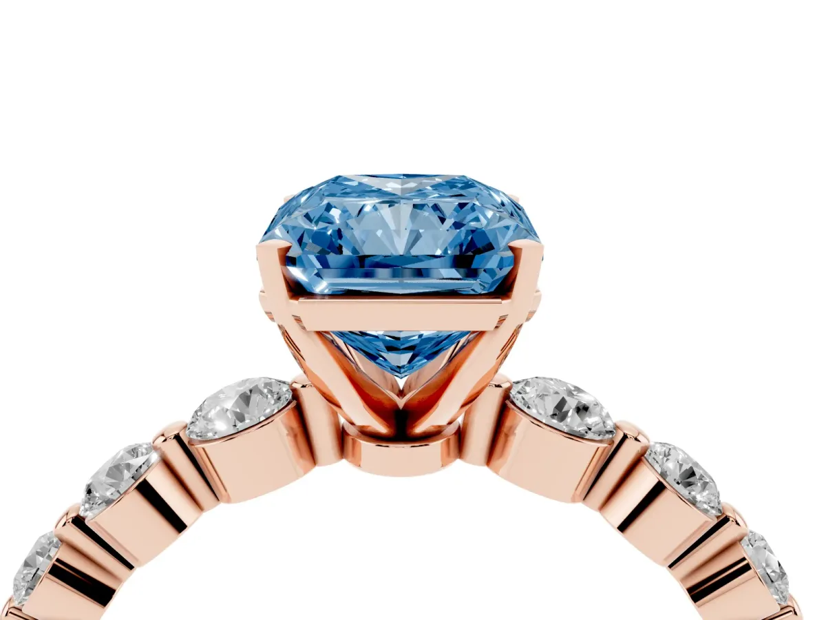 Fancy Blue Radiant Cut Solitaire Diamond Ring with Pave Band and Four-Prong Setting Rose gold