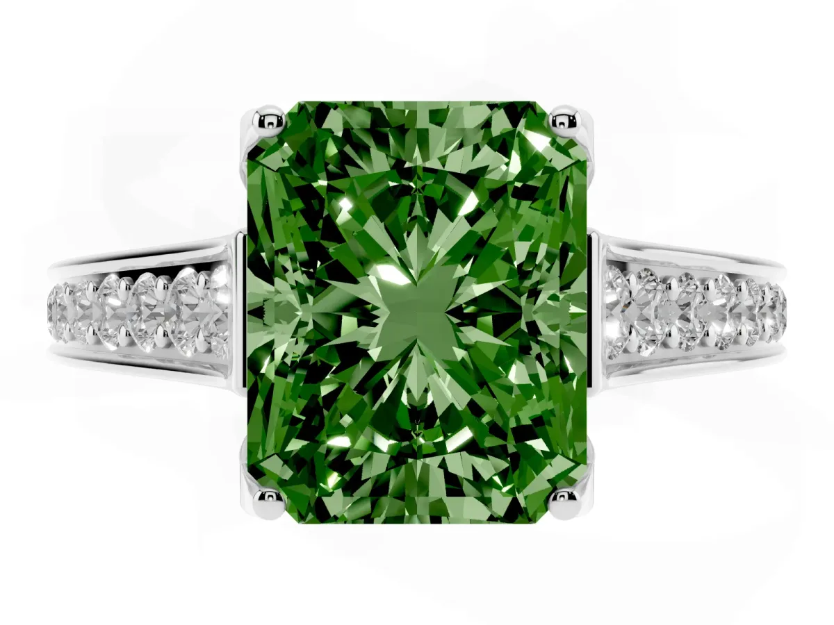 Fancy Green Radiant Cut Brilliant Cut Diamond Engagement Ring with Pavé Band and Four-Prong Setting Platinum