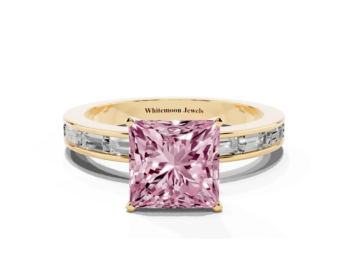 Fancy Pink Princess Cut Solitaire Diamond Ring with Channel-Set Baguette Band and Four-Prong Setting Yellow gold