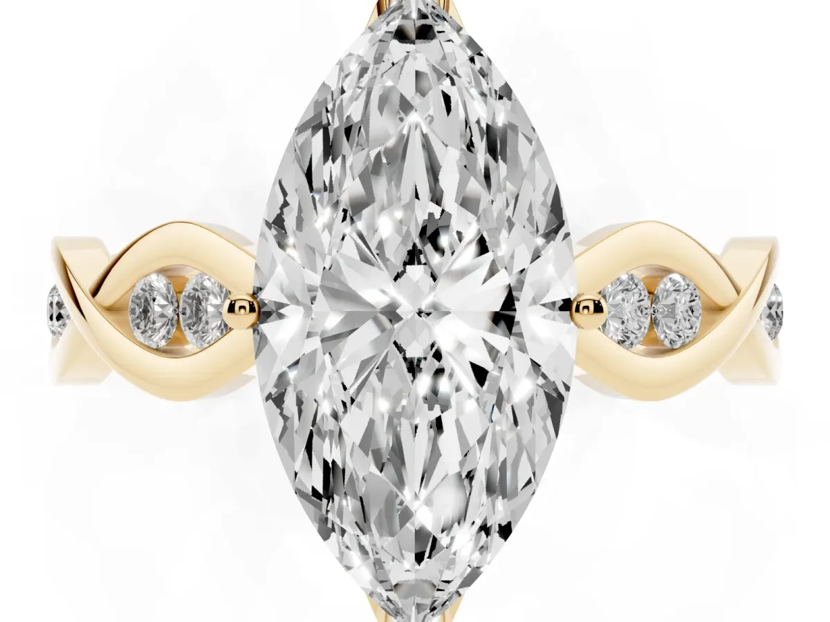 Marquise Cut Solitaire Twist Band with Leaf Prong Setting Yellow gold