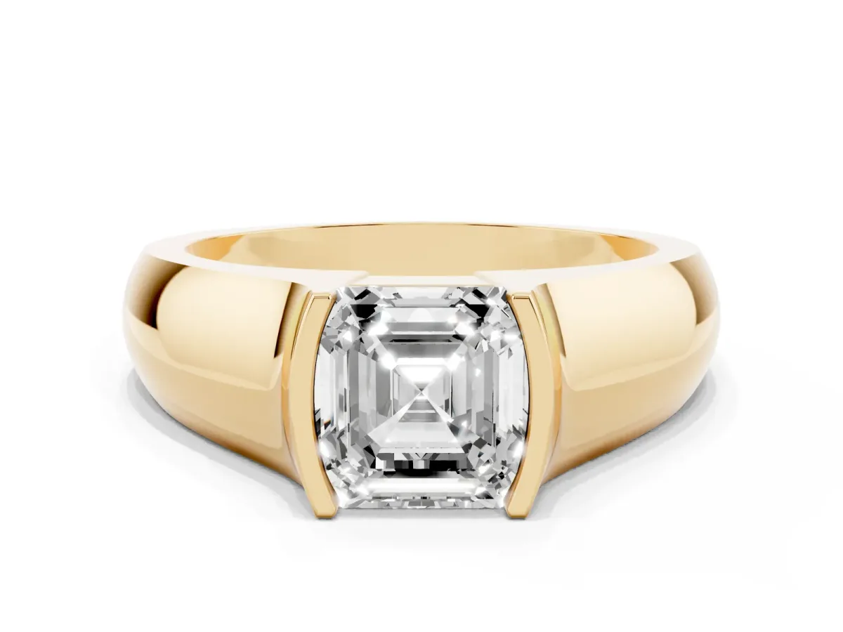 Asscher Cut Solitaire Bezel Set Diamond Ring with Wide Band Yellow gold
