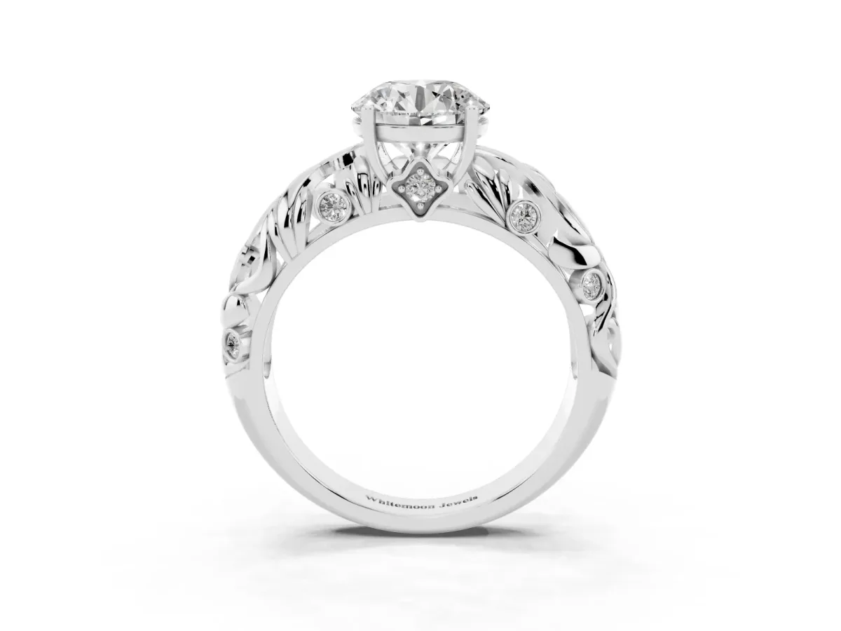 Round Cut Solitaire Diamond Leaf-Inspired Vine Band Ring with Prong Setting Platinum