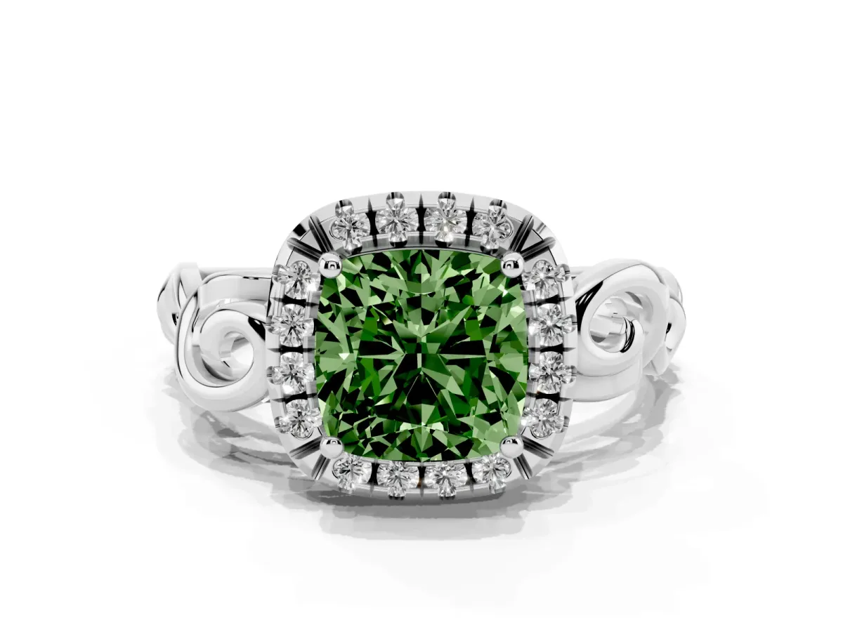 Fancy Green Cushion Cut Cut Halo Diamond Ring with Scrollwork Band and Four-Prong Setting Silver