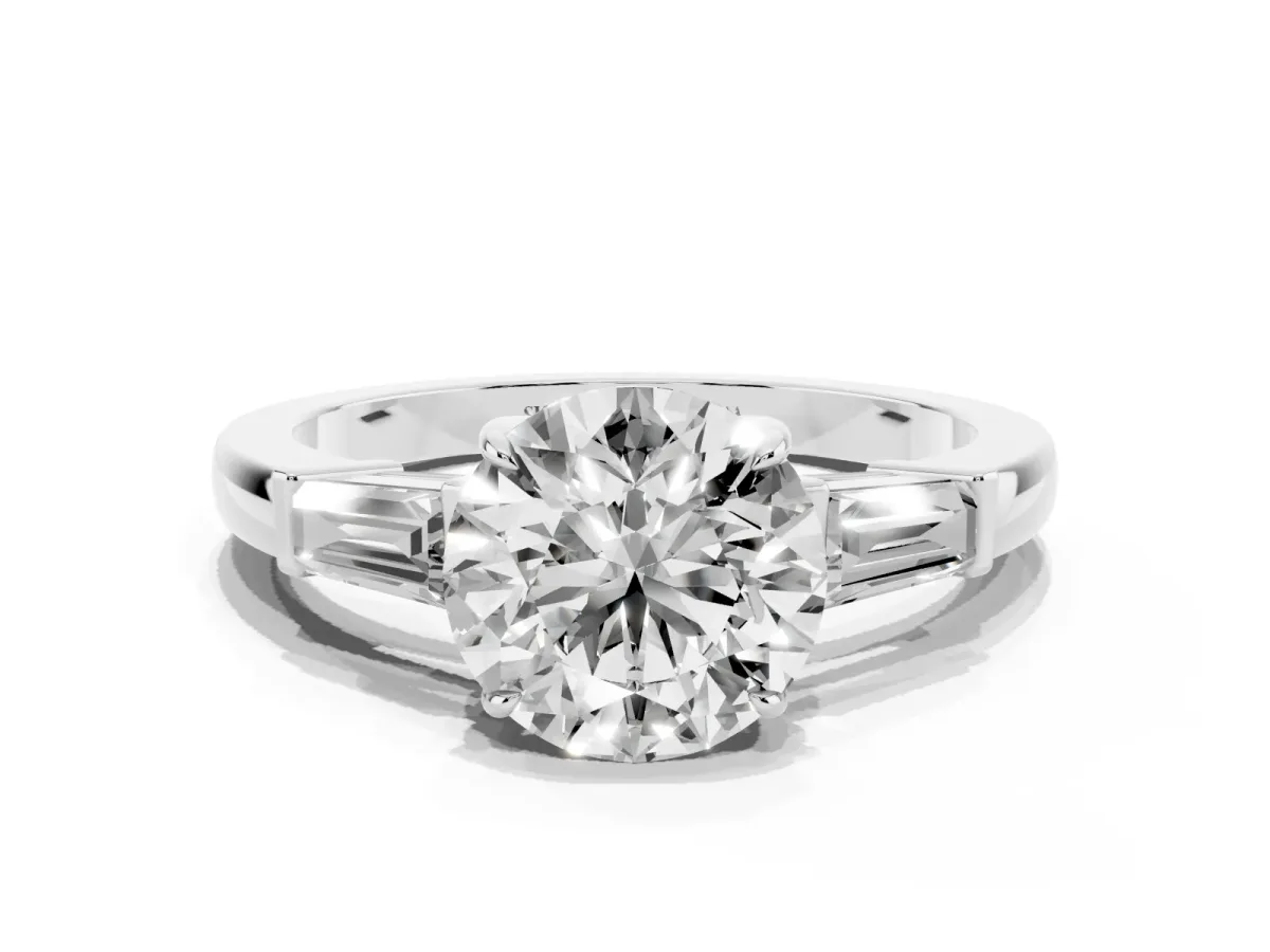 Round Cut Diamond Three-Stone Ring with Tapered Baguette Side Stones and Prong Setting Silver