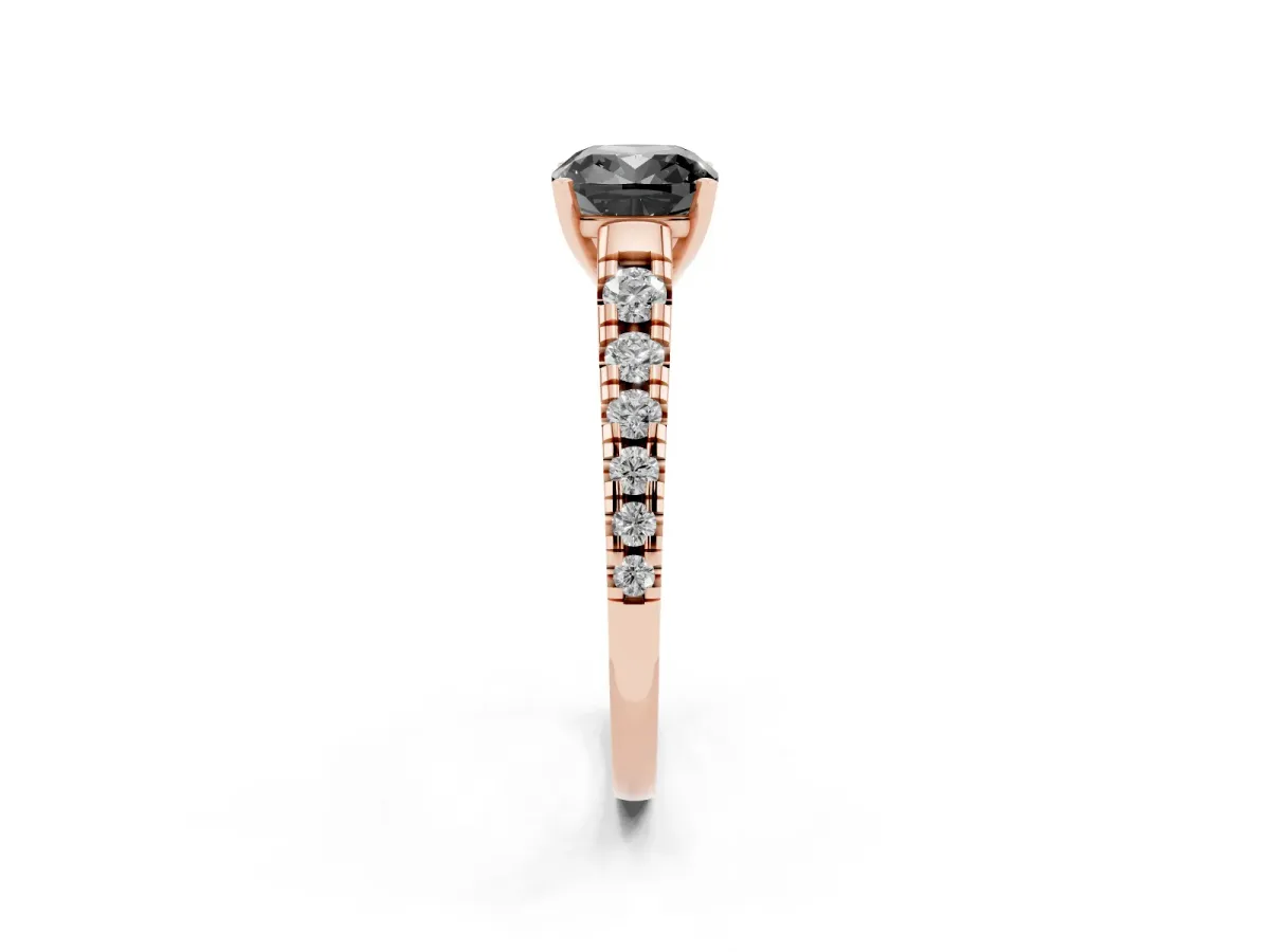 Fancy Black Cushion Cut Diamond Cathedral Solitaire Ring with Round Pavé Band Rose gold