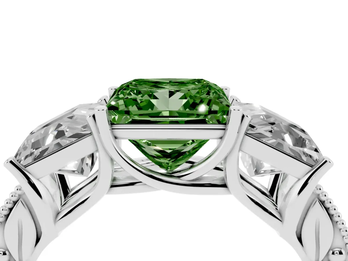 Fancy Green Three-Stone Princess Cut Cut Milgrain Pavé Engagement Ring Silver