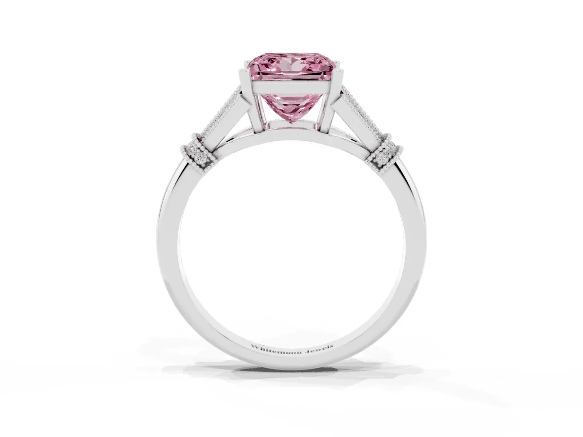 Fancy Pink Princess Cut Diamond Solitaire Ring with Floral Filigree and Pave Accents White gold