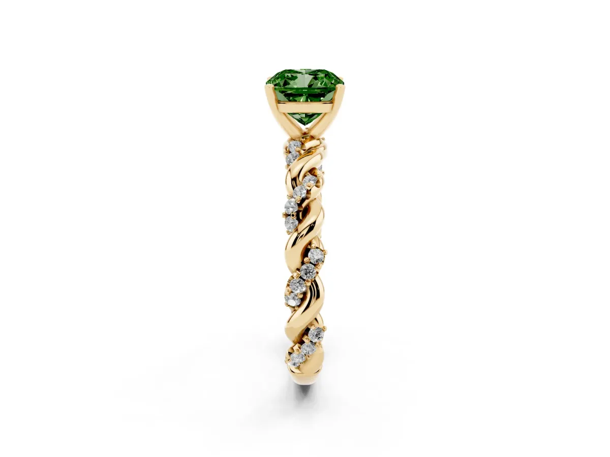 Fancy Green Cushion Cut Diamond Solitaire Ring with Twisted Band and Pavé Accents Yellow gold