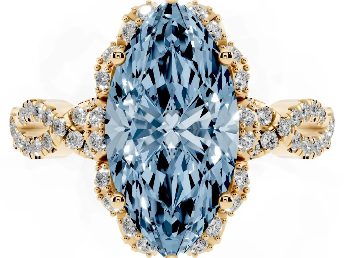 Fancy Blue Marquise Cut Halo Twist Band Solitaire Ring with Six-Prong Setting Yellow gold