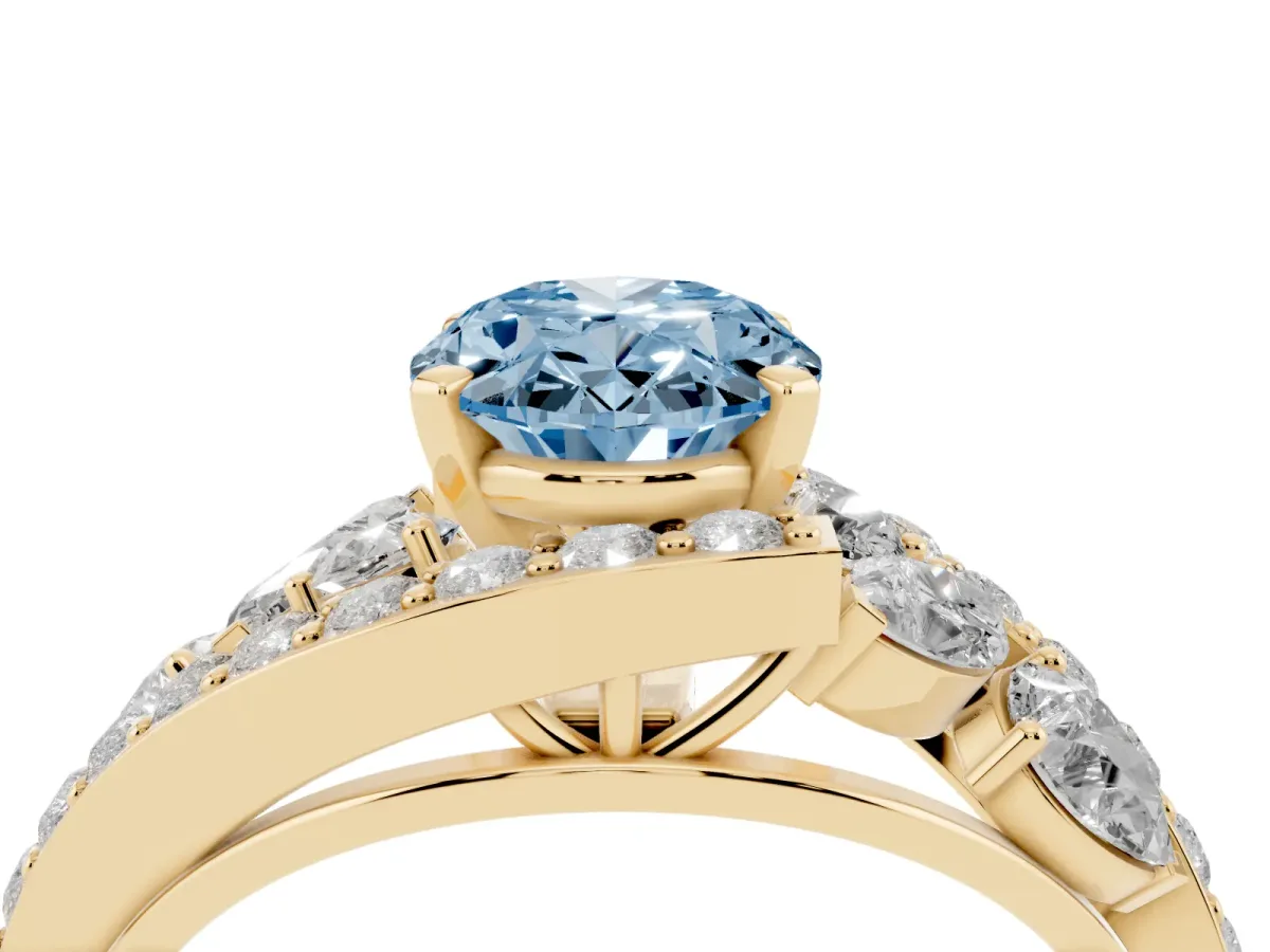 Fancy Blue Oval Cut Diamond Halo Ring with Marquise and Pavé Band in Prong Setting Yellow gold