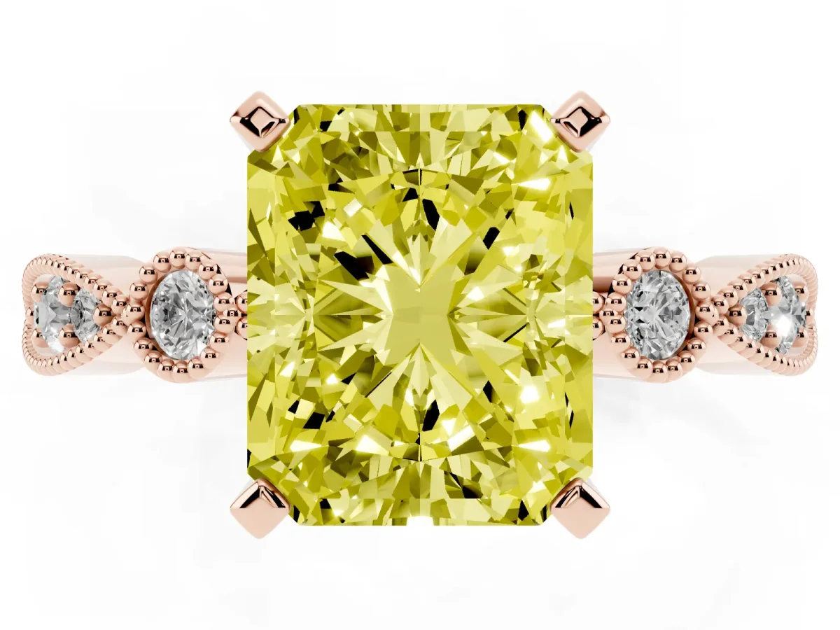 Fancy Yellow Radiant Cut Milgrain Bezel Diamond Engagement Ring with Solitaire Prong Setting Rose gold