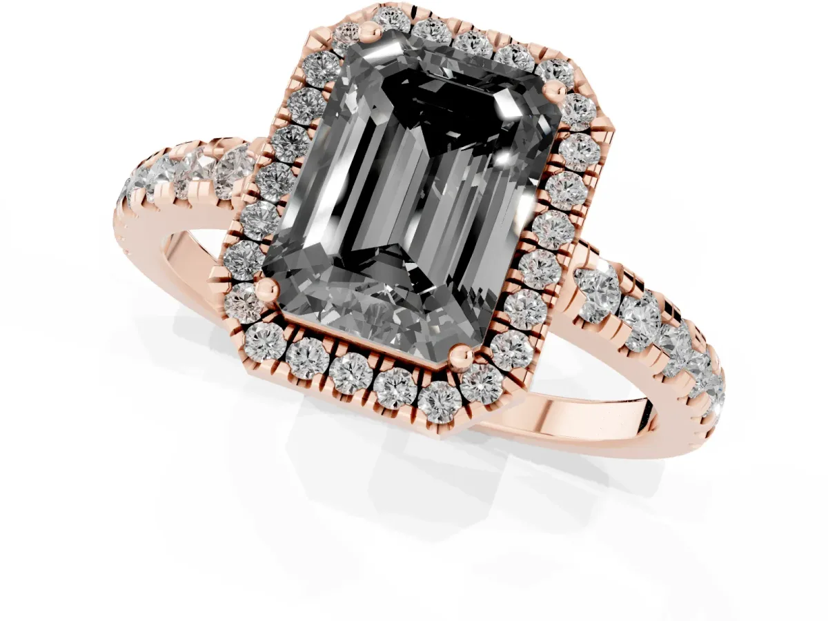 Fancy Black Emerald Cut Diamond Halo Ring with Pavé Band and Four-Prong Setting Rose gold