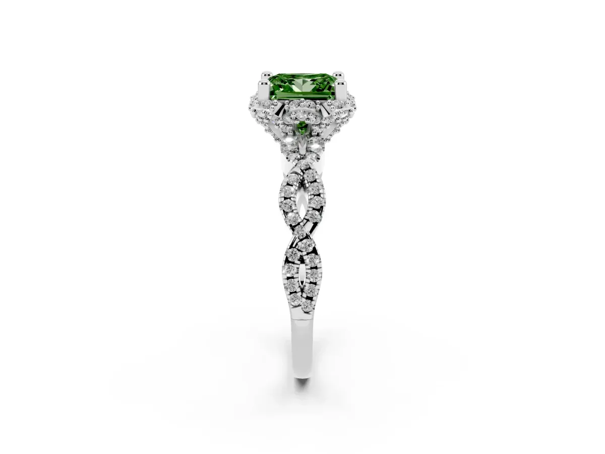 Fancy Green Princess Cut Halo Twist Band Solitaire Ring with Six-Prong Setting Silver