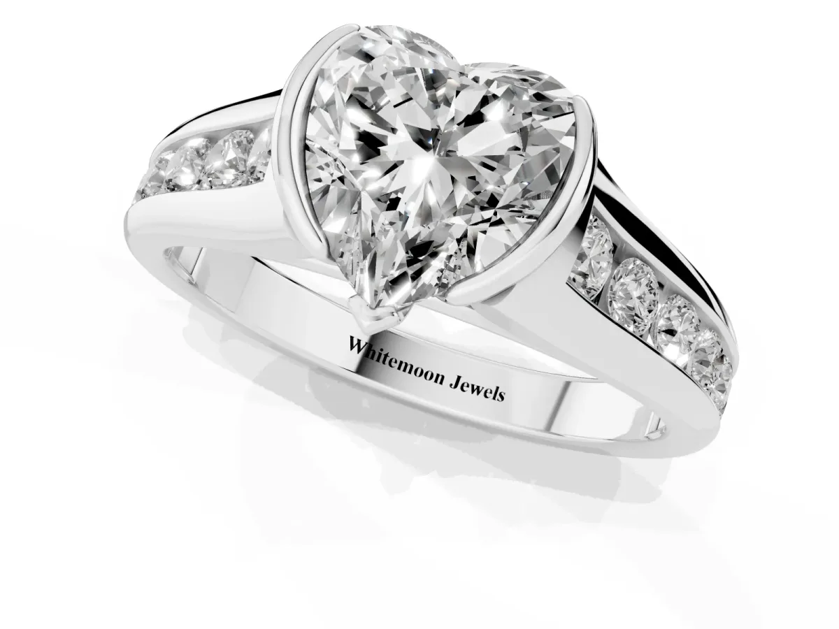 Heart Cut Solitaire Bezel-Set Diamond Ring with Channel-Set Band Platinum