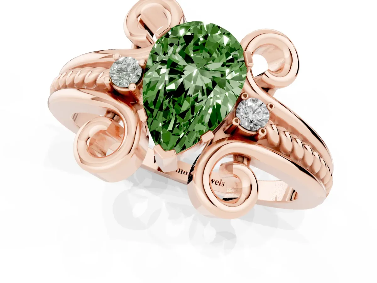 Fancy Green Pear Cut Solitaire Twisted Band Scroll Prong Ring Rose gold