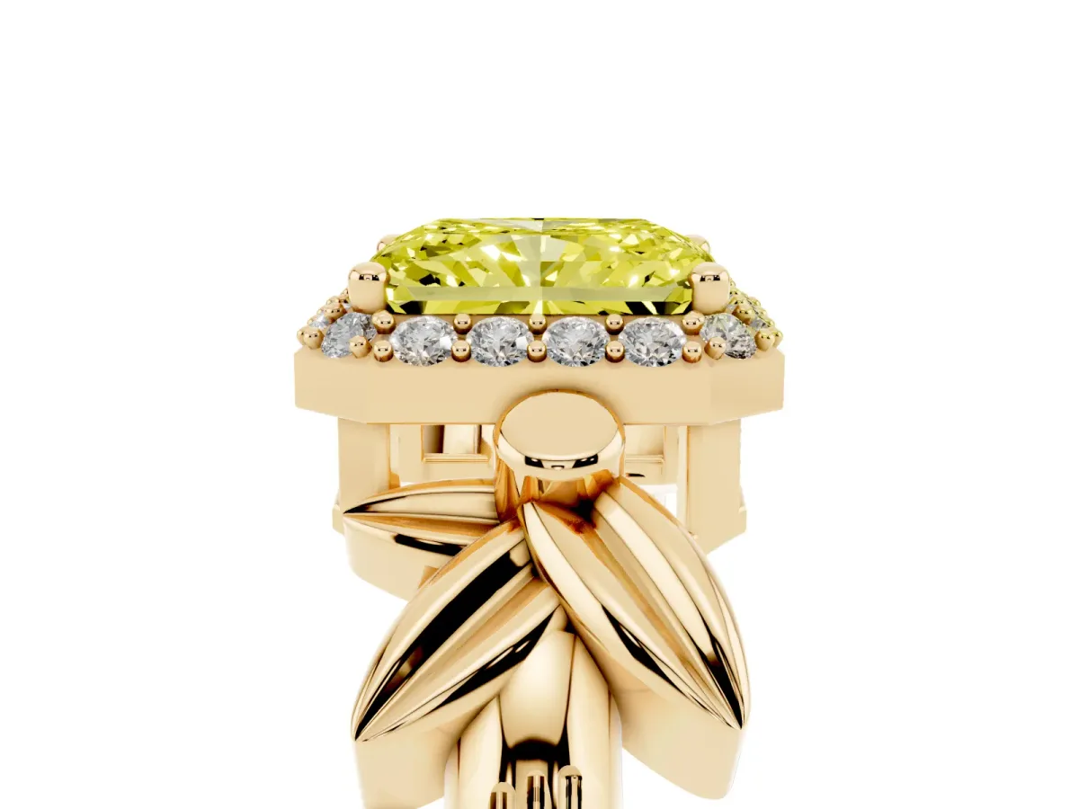 Fancy Yellow Radiant Cut Halo Diamond Floral Band with Four-Prong Setting Yellow gold