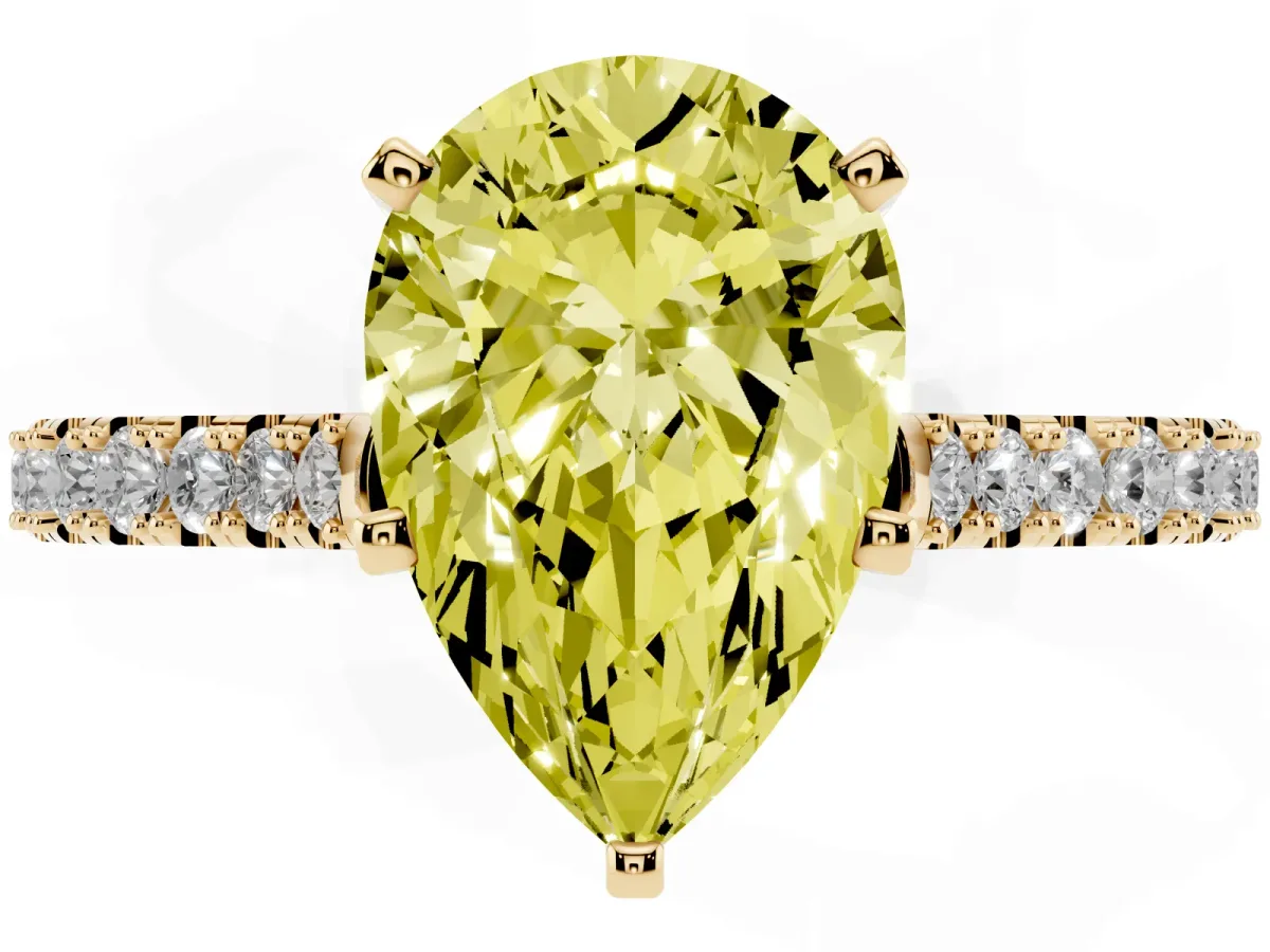 Fancy Yellow Pear Cut Cut Solitaire Diamond Engagement Ring with Pave Band and Four-Prong Setting Yellow gold