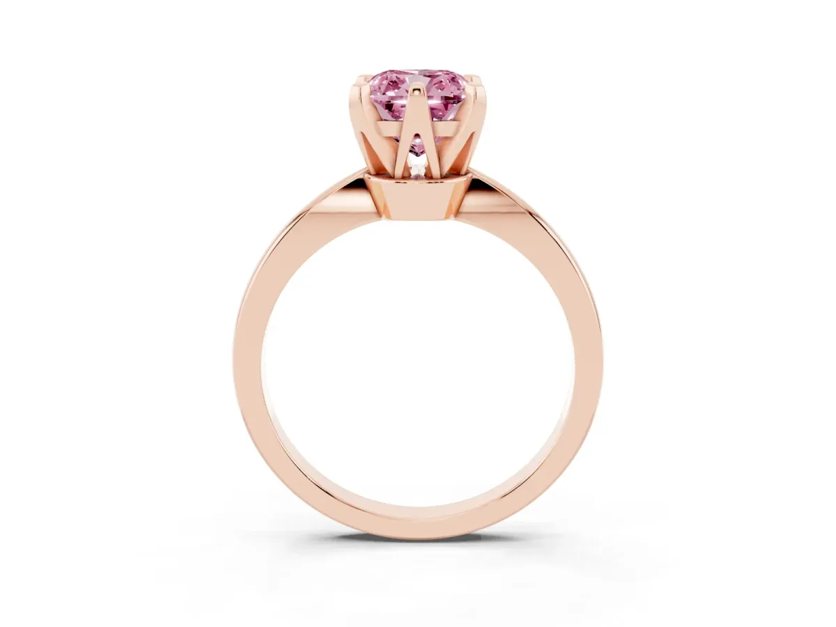 Fancy Pink Cushion Cut Solitaire Engagement Ring with Six-Prong Setting and Tapered Band Rose gold