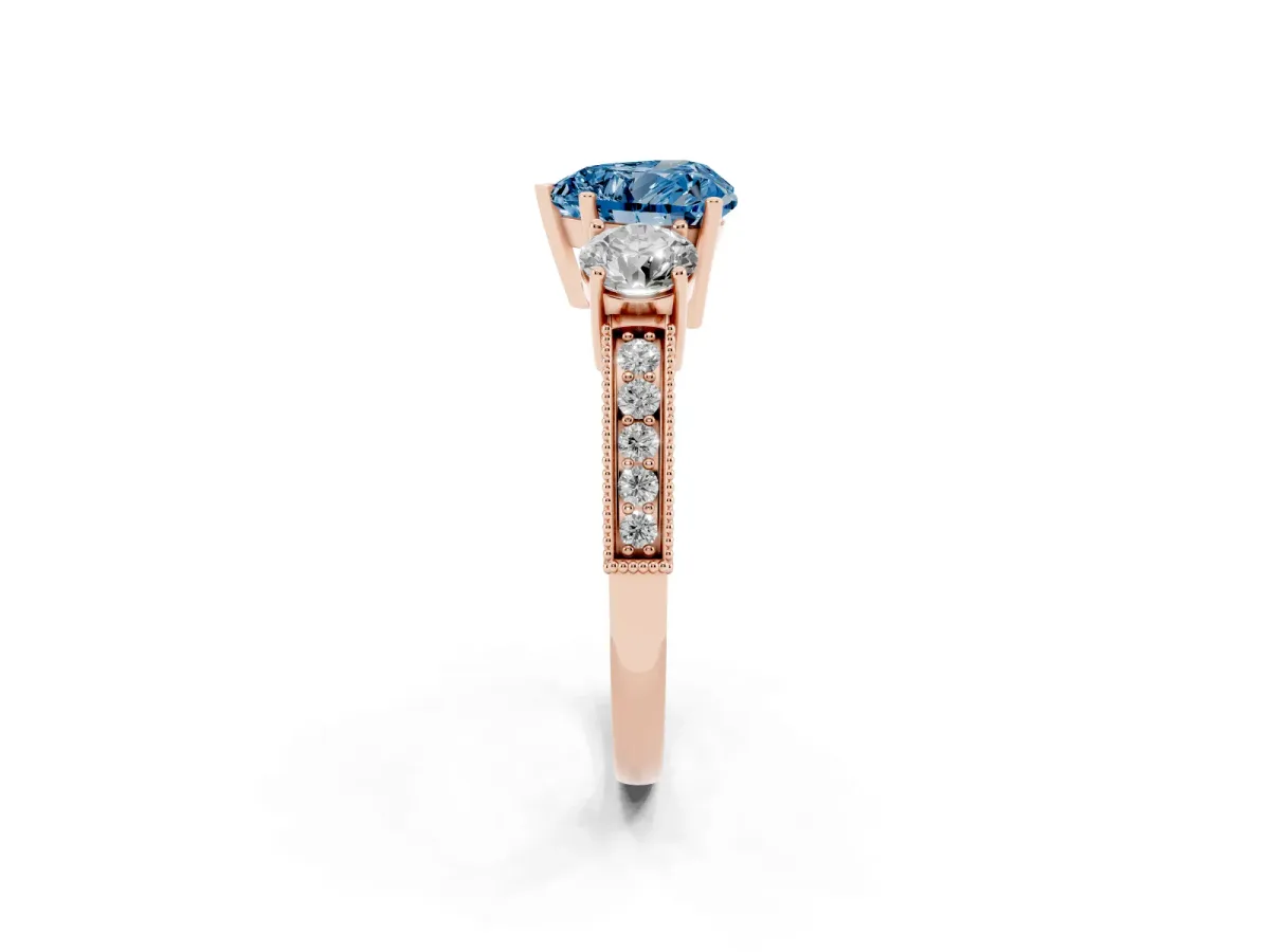 Fancy Blue Heart Cut Three-Stone Diamond Ring with Pavé Band and Four-Prong Setting Rose gold