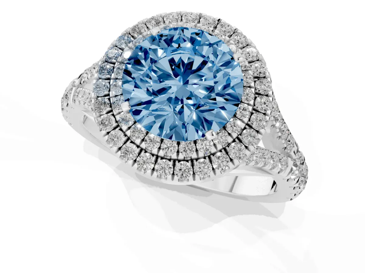 Fancy Blue Round Cut Diamond Double Halo Ring with Split Shank and Prong Setting White gold