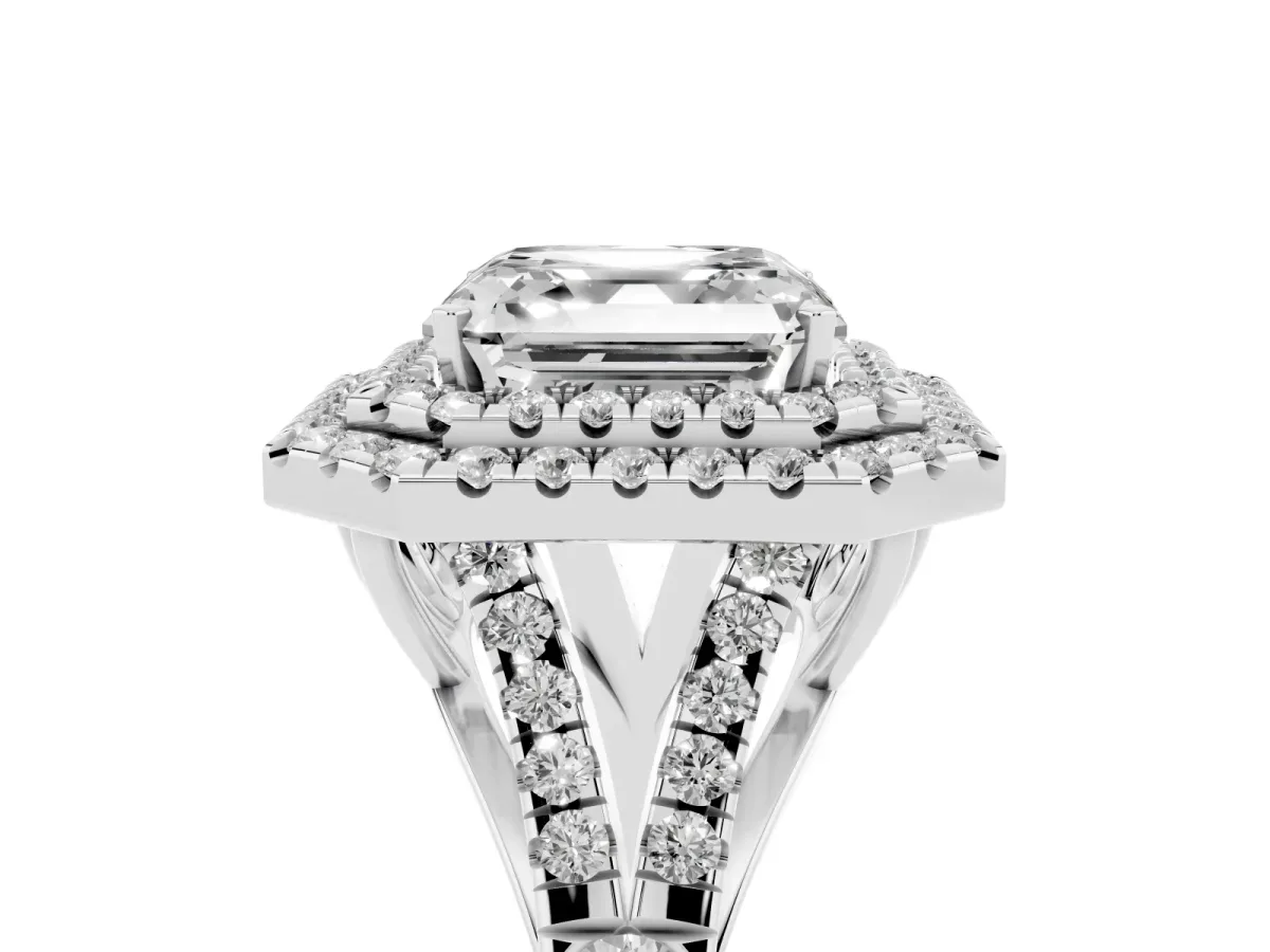 Asscher Cut Diamond Pavé Split Shank Double Halo Engagement Ring Silver