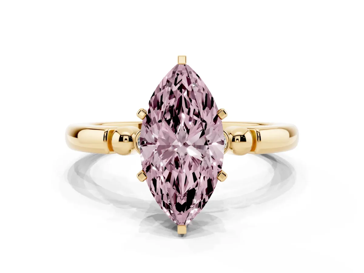 Fancy Pink Marquise Cut Solitaire Beaded Band with Four-Prong Setting Yellow gold