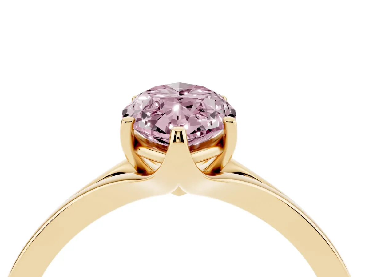 Fancy Pink Marquise Cut Solitaire Diamond Ring with Six-Prong Setting and Tapered Band Yellow gold