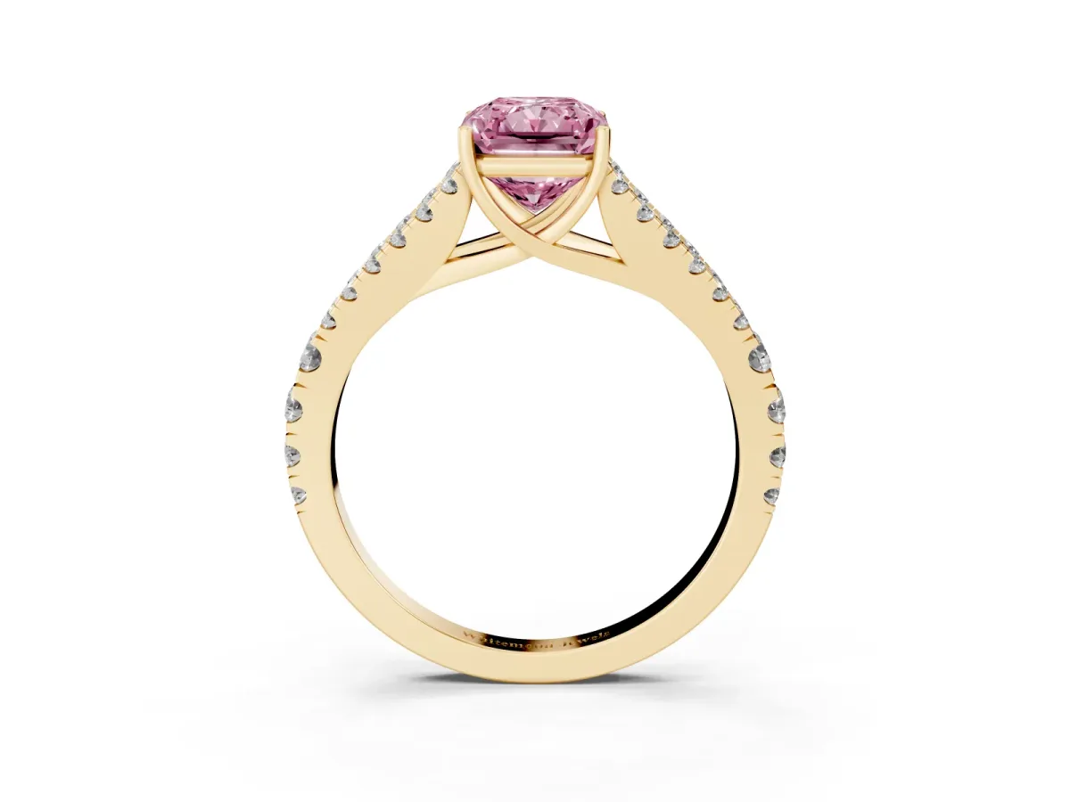 Fancy Pink Radiant Cut Diamond Split Shank Engagement Ring with Round Pavé and Prong Setting Yellow gold